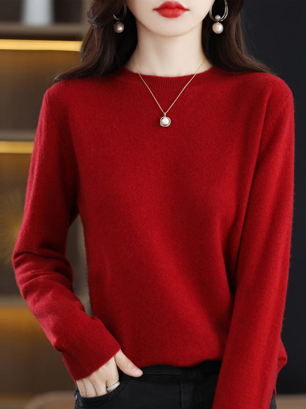 flowersverse Casual Long Sleeves Loose Solid Color Round-Neck Sweater Tops