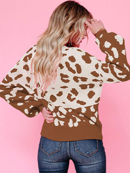 flowersverse Urban Puff Sleeves Leopard Two-Tone Round-Neck Sweater Tops