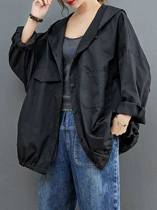 flowersverse Buttoned Pleated Pockets Solid Color Long Sleeves Loose Hooded Trench Coats Outerwear