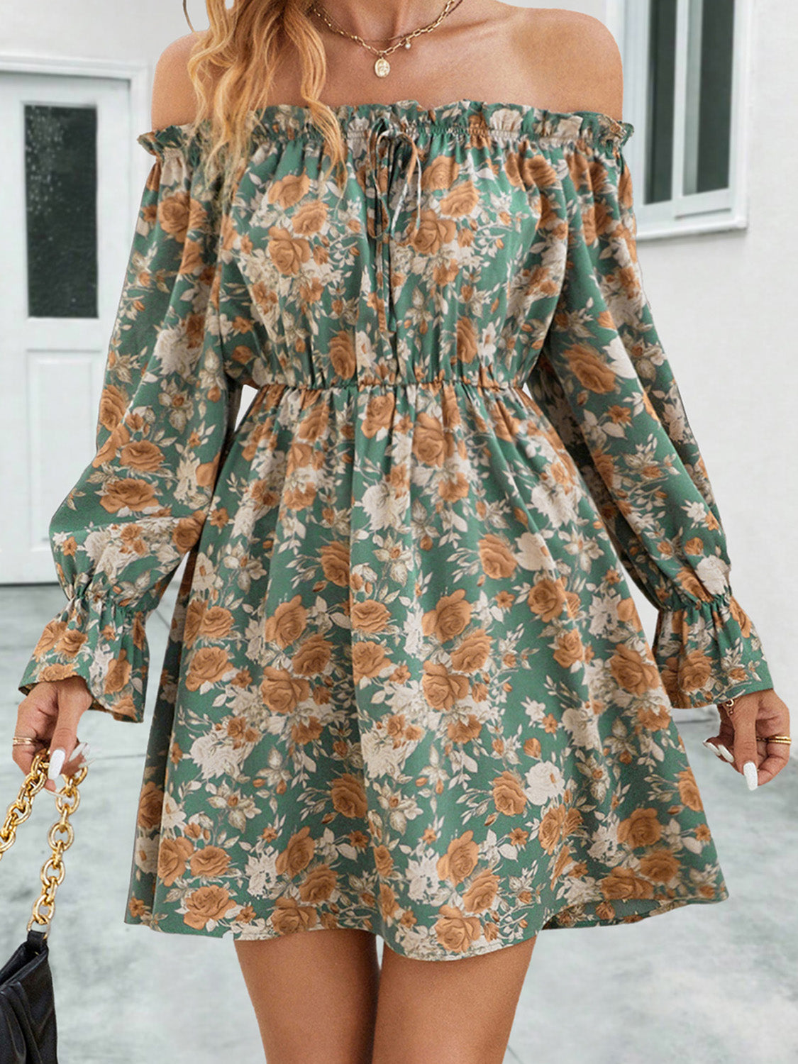 flowersverse Floral Off-Shoulder Flounce Sleeve Mini Dress