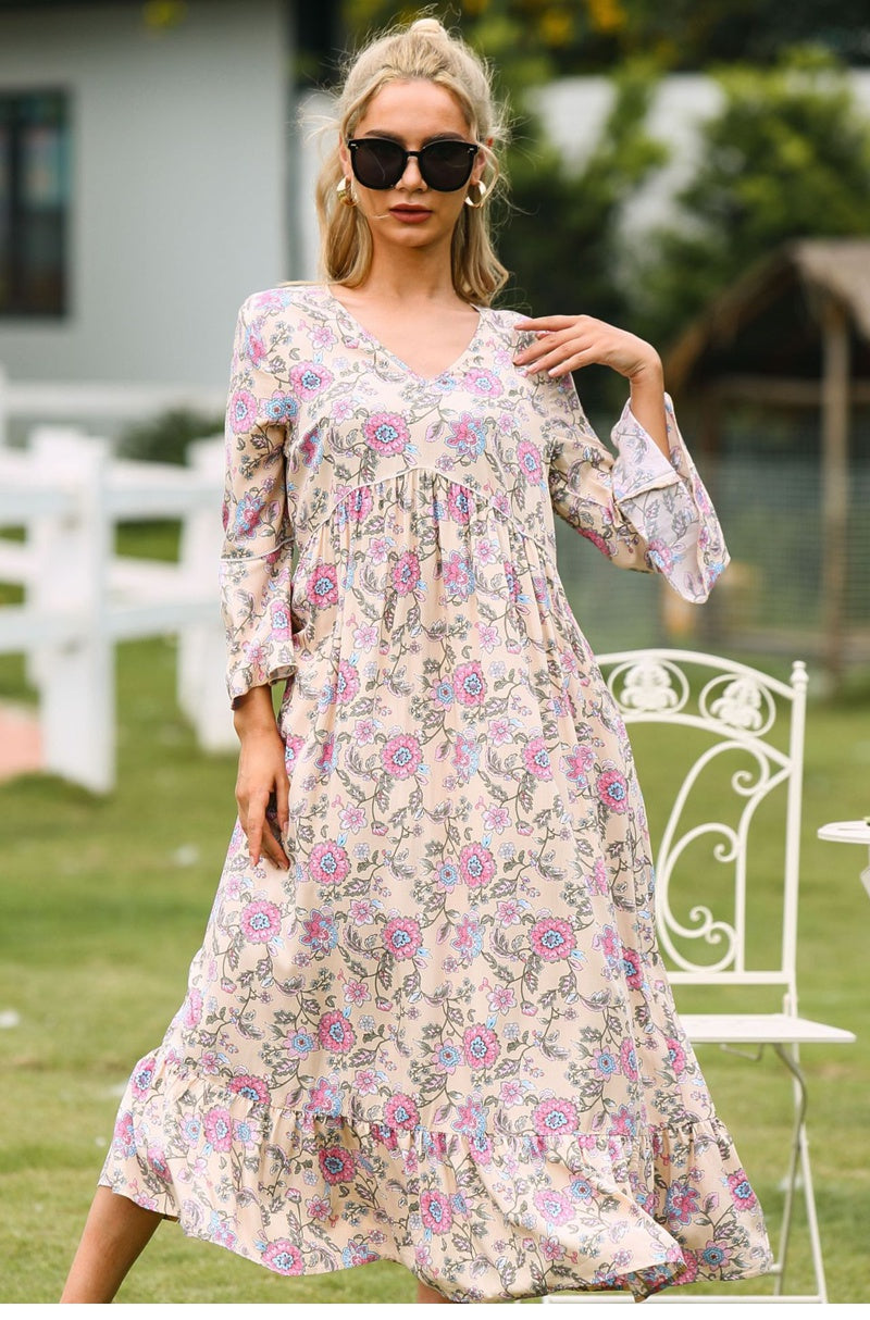 flowersverse Summer Women Casual Loose Large Chiffon Long Sleeve V Neck Floral Printed Mediumn Long Dress For Fashion