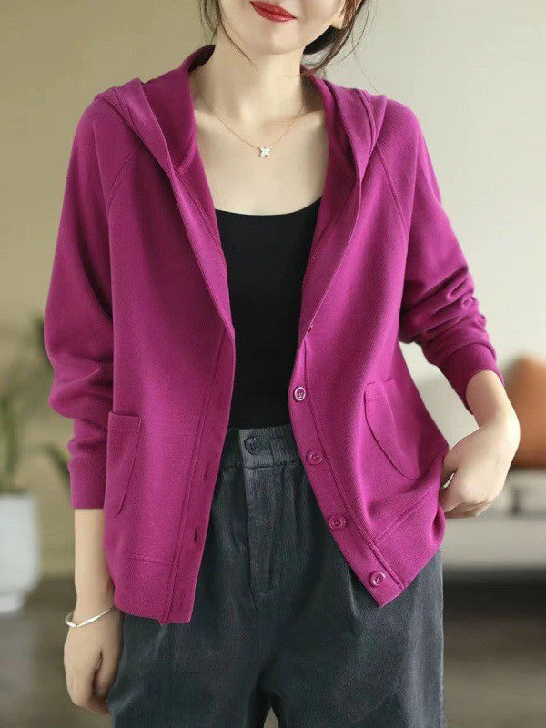 flowersverse Casual Long Sleeves Loose Buttoned Solid Color Hooded Knitting Outerwear