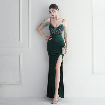 flowersverse Women Velvet Sequined Annual Meeting Maxi Mermaid Evening Dress