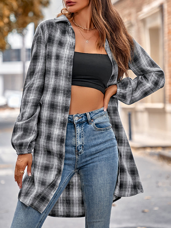 flowersverse Plaid Loose Wrap Lapel Blouses&shirts Tops