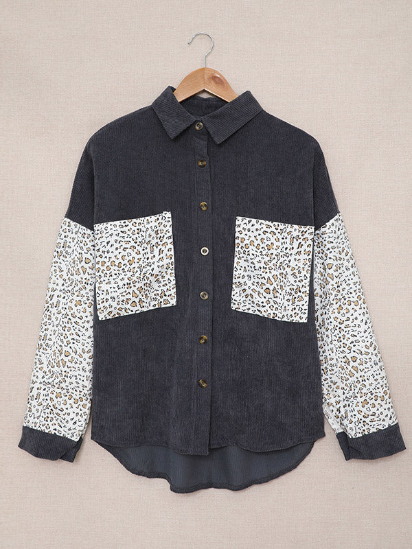 flowersverse Casual Loose Leopard Patchwork Polo Coat