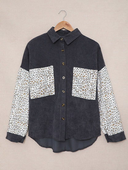 flowersverse Casual Loose Leopard Patchwork Polo Coat