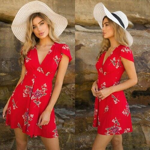 flowersverse Women Dress Short Sleeve Floral Printed Chiffon Lace Up Deep V-neck Casual Beach Dress Summer Fashion Dress For Women