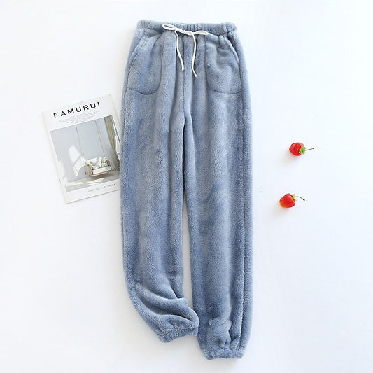 flowersverse Women‘s Winter Loungewear Bottom Nighty Pure Color Fashion Comfort Plush Home Street Airport Flannel Warm Long Pant Pant Pocket Spring Fall Blue Pink