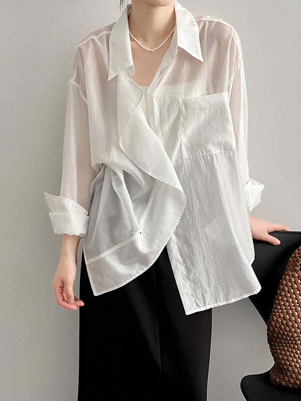 flowersverse Solid Color Irregular clipping Long Sleeves Lapel Blouses&shirts Tops