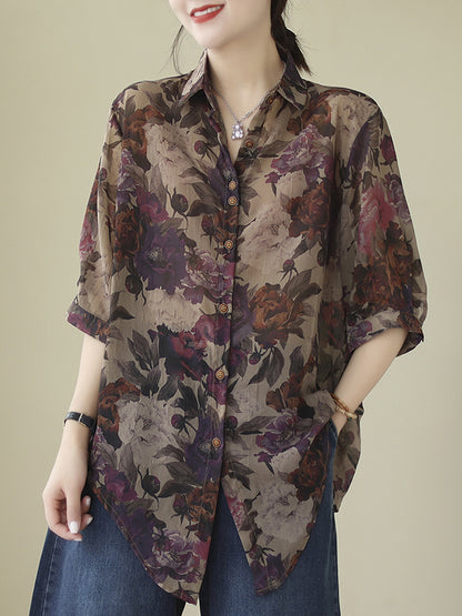 flowersverse Buttoned Flower Print Tied Long Sleeves Loose Lapel Blouses&Shirts Tops