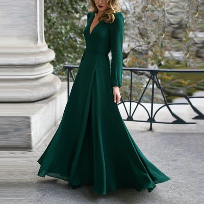 flowersverse Vintage Formal Dress Women Lady V Neck Long Sleeve Maxi Dress Autumn Winter Evening Party Wedding Prom Gown Dress