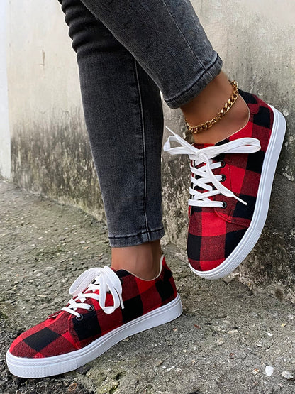 flowersverse Christmas Red Plaid Black And White Plaid Leopard Casual Flat Shoes Xmas Flats