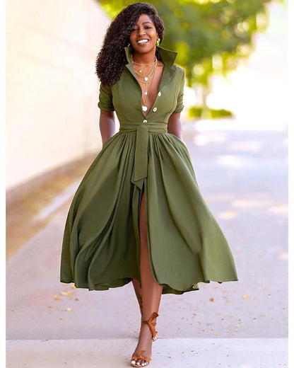 flowersverse Women's A-Line Dress Midi Dress - Half Sleeve Split Summer Fall V Neck Hot Sexy Army Green Orange