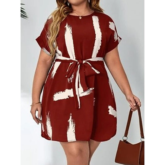 flowersverse Women's Plus Size Casual Dress Color Block Midi Dress Short Sleeve Lace up Print Crew Neck Fashion Outdoor Wine Summer Spring L XL XXL 3XL 4XL