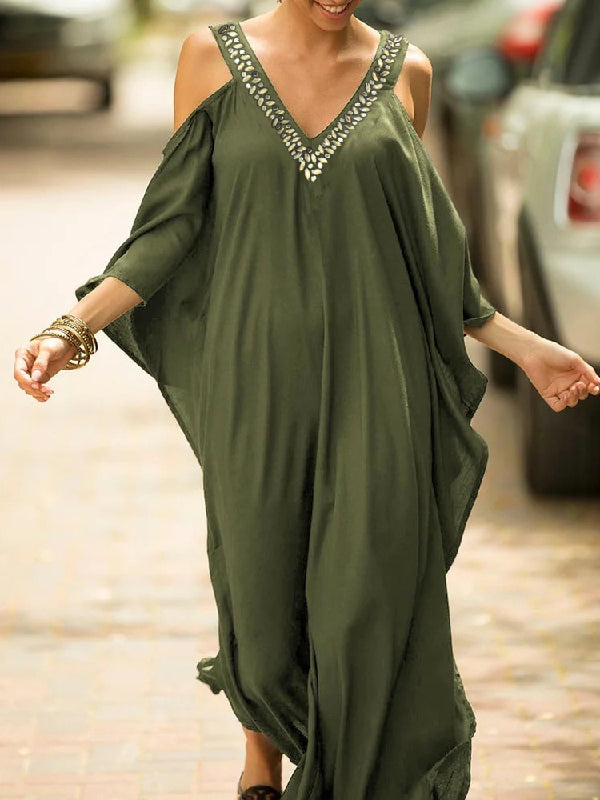 flowersverse Batwing Sleeves Loose Solid Color Cold Shoulder Maxi Dresses