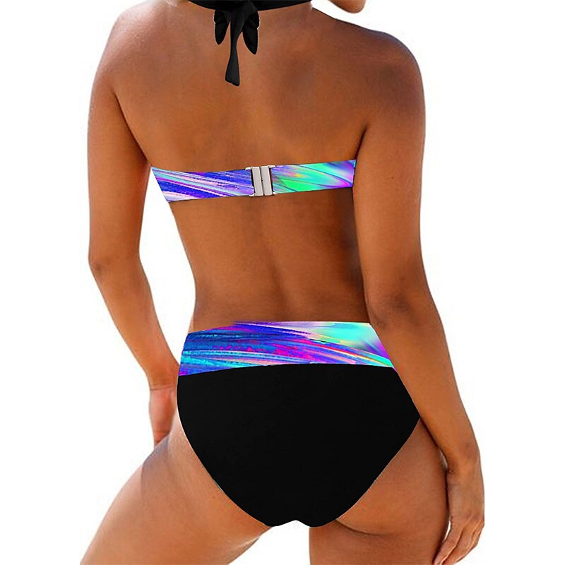 flowersverse Women's Swimwear Bikini 2 Piece Plus Size Swimsuit Open Back Printing Optical Illusion Gradient Color Blue Purple Halter V Wire Bathing Suits Sexy Vacation Fashion
