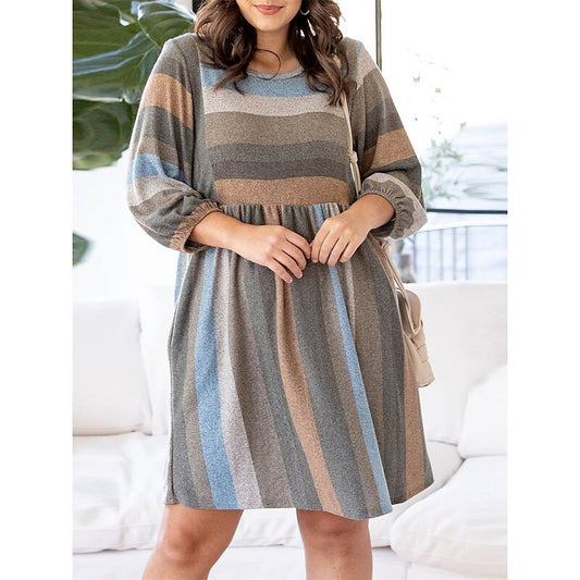 flowersverse Women's Plus Size Casual Dress A Line Dress Stripe Midi Dress Long Sleeve Ruched Pocket Crew Neck Fashion Outdoor Gray Spring Summer L XL XXL 3XL 4XL