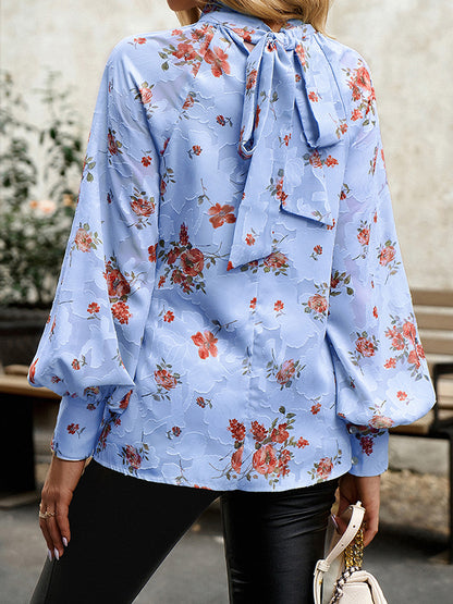 flowersverse Flower Print Tied Long Sleeves Loose Mock Neck Blouses&Shirts Tops