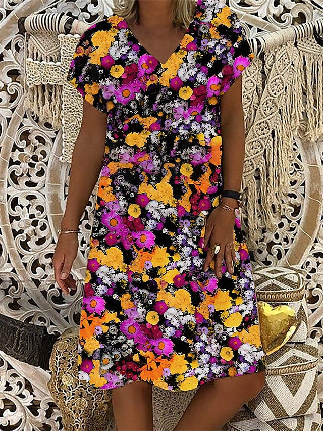 flowersverse Women's Casual Dress Print Dress Loose Dress Floral Print V Neck Midi Dress Active Fashion Outdoor Daily Short Sleeve Regular Fit Black Yellow Blue Spring Summer S M L XL XXL