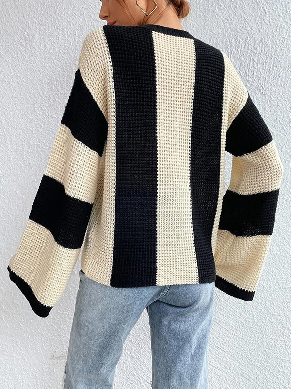 flowersverse Contrast Color Striped Flared Sleeves Round-Neck Sweater Tops Pullovers