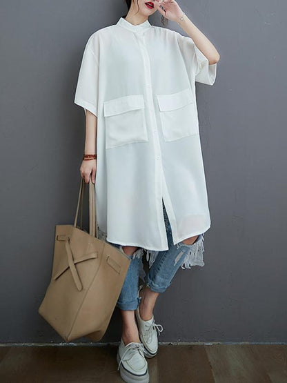 flowersverse Loose Split-Joint Hollow Solid Long Blouse