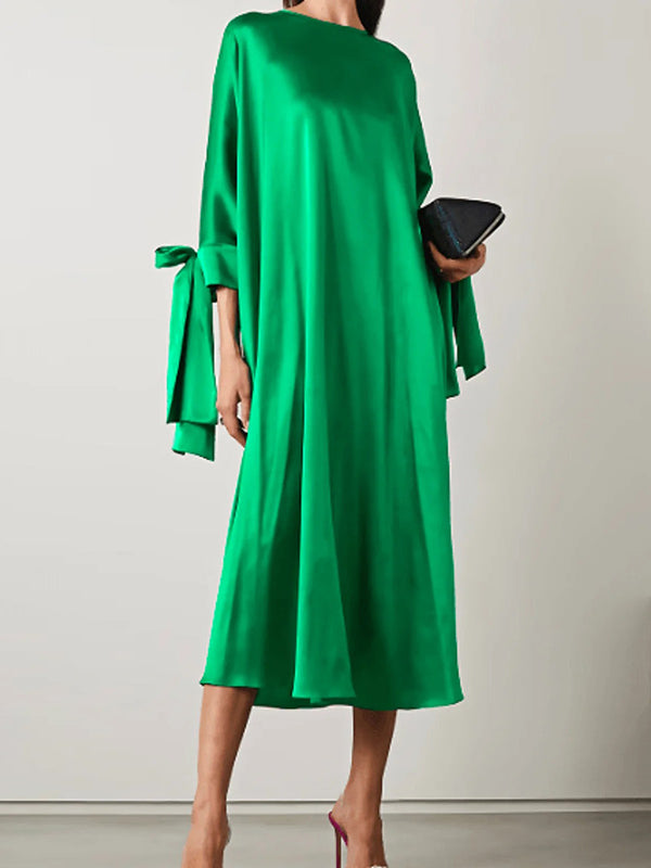 flowersverse Original Urban Bowknot Tied Sleeves Green Midi Dress