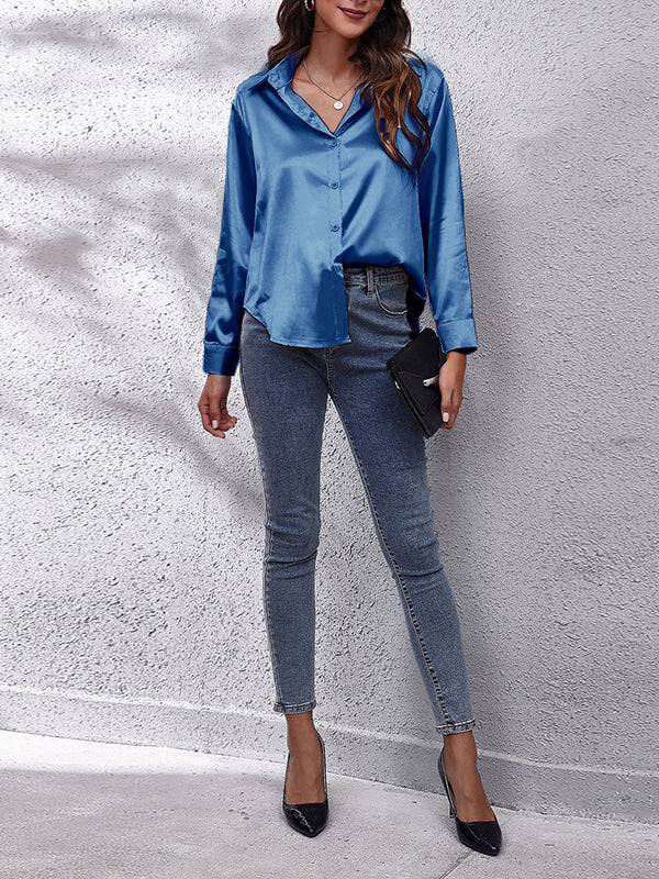 flowersverse Solid Color Long Sleeves Loose Lapel Blouses&Shirts Tops