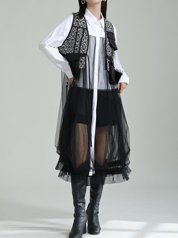 flowersverse Gauze Jacquard Split-Joint Loose V-neck Vest Outerwear