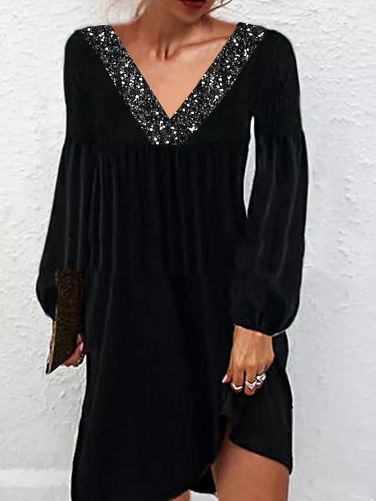 flowersverse Party Lantern Sleeve Velvet Loose V Neck Dress