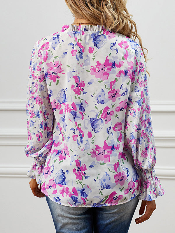 flowersverse Buttoned Elasticity Hollow Printed Tied Flared Sleeves Long Sleeves V-Neck Blouses&Shirts Tops