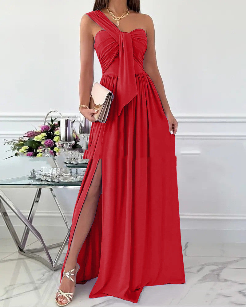 flowersverse Solid Color Sleeveless Pleated Chiffon Long Dress Slim Fit