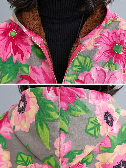 flowersverse Artistic Retro Velvet Floral Printed Zipper Hooded Long Sleeves Outwear