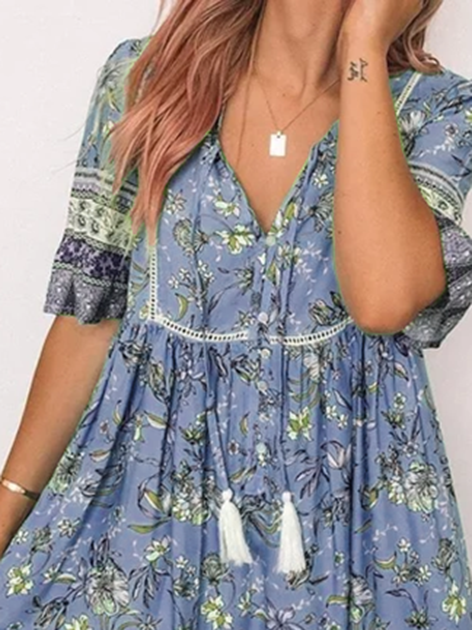 flowersverse Boho A-Line V Neck Short Sleeve Weaving Dress