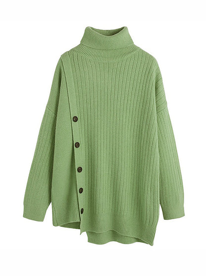 flowersverse Asymmetric Buttoned High-low Long Sleeves High-neck Sweater Tops Pullovers Knitwear