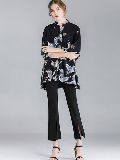 flowersverse Original Crane Printed Buttoned Stand Collar Half Sleeves Blouse