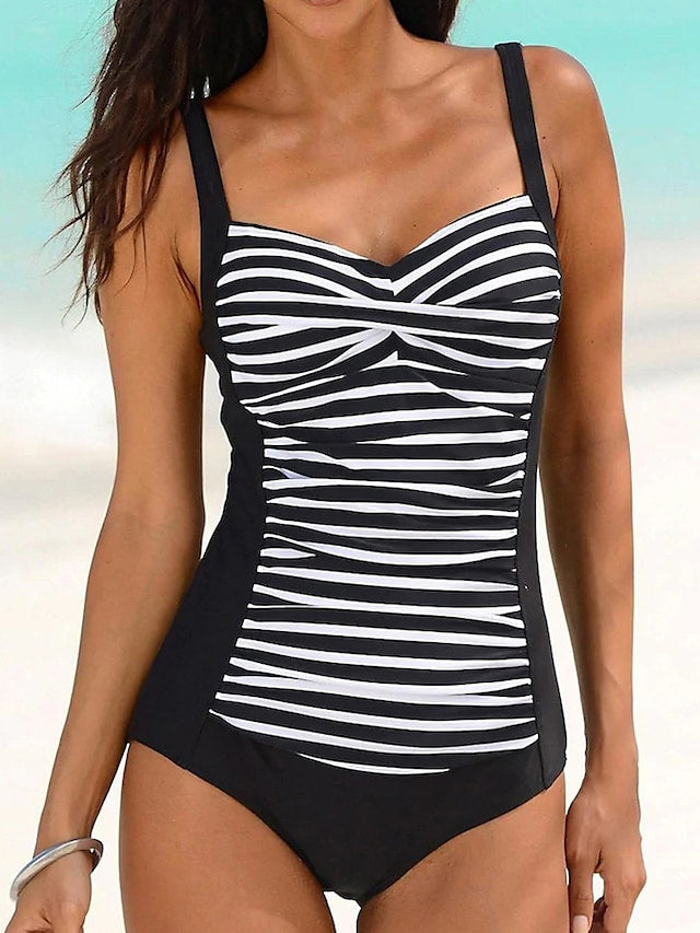 flowersverse Women's Swimwear One Piece Normal Swimsuit Ruched Striped Black White Red Blue Brown Bodysuit Bathing Suits Sports Beach Wear Summer