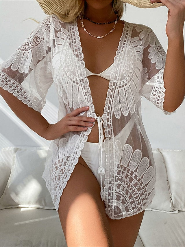 flowersverse Women's Cover Up Beach Dress Beach Wear Mini Dress Hole Fashion Casual Plain V Neck Long Sleeve Loose Fit Outdoor Daily White  Spring Summer One Size