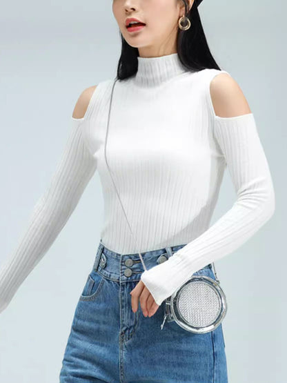 flowersverse Hollow Solid Color Long Sleeves Skinny Mock Neck Sweater Tops Pullovers Knitwear