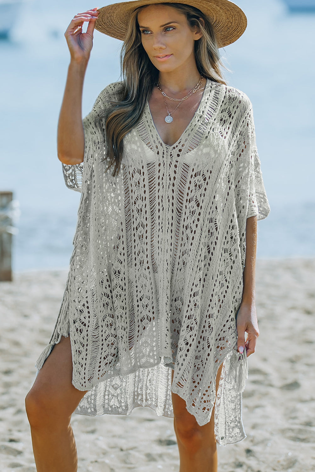 flowersverse Openwork V-Neck Slit Cover Up