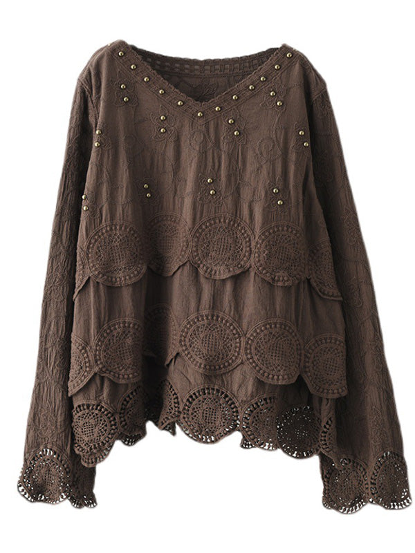 flowersverse Black&Coffee Lacy Hollow V-Neck Long Sleeve Shirts