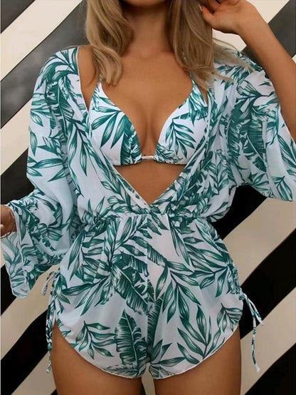 flowersverse Women's Swimwear Bikini Normal Swimsuit 3-Piece Printing Leaf Geometic Black Orange Green Bathing Suits Sports Beach Wear Summer