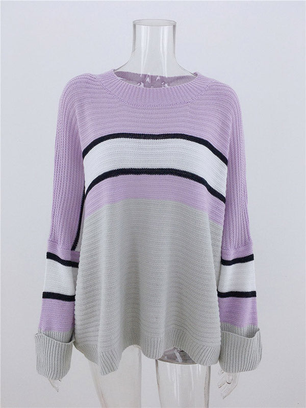 flowersverse Casual Loose Contrast Color Striped Round-Neck Sweater Tops