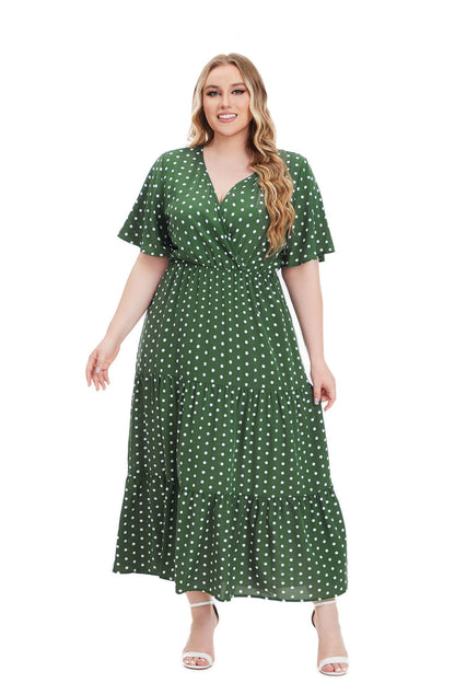 flowersverse Summer Plus Size Women's V Neck Polka Dot Short Sleeve Dress