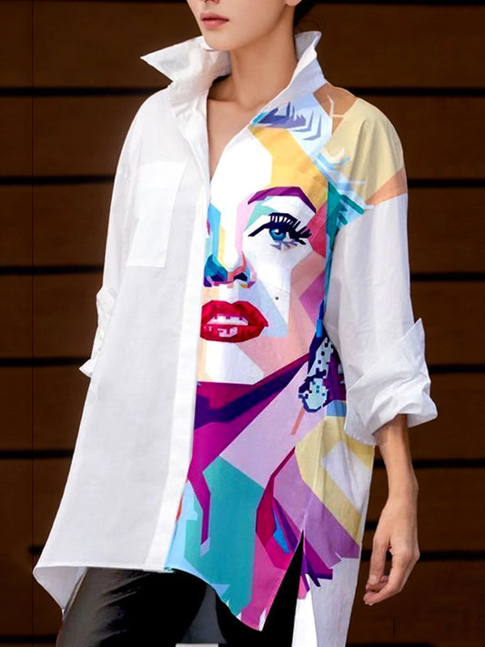 flowersverse Buttoned Contrast Color Figure Split-side Long Sleeves Loose Lapel Collar Blouses&shirts Tops