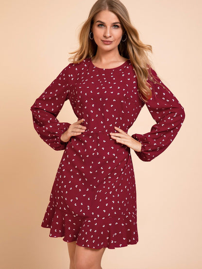 flowersverse Red Long Sleeve Chiffon Weaving Dress