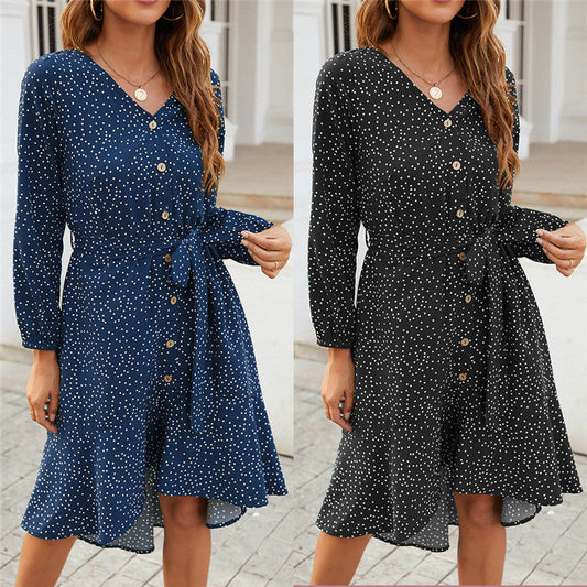 flowersverse Polka Dot V-neck Long-sleeved Ruffled One-breasted Casual Dress