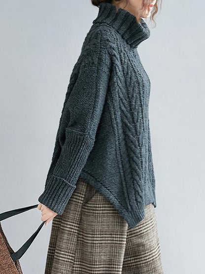 flowersverse Cable- Knit High-neck Solid Loose Sweater