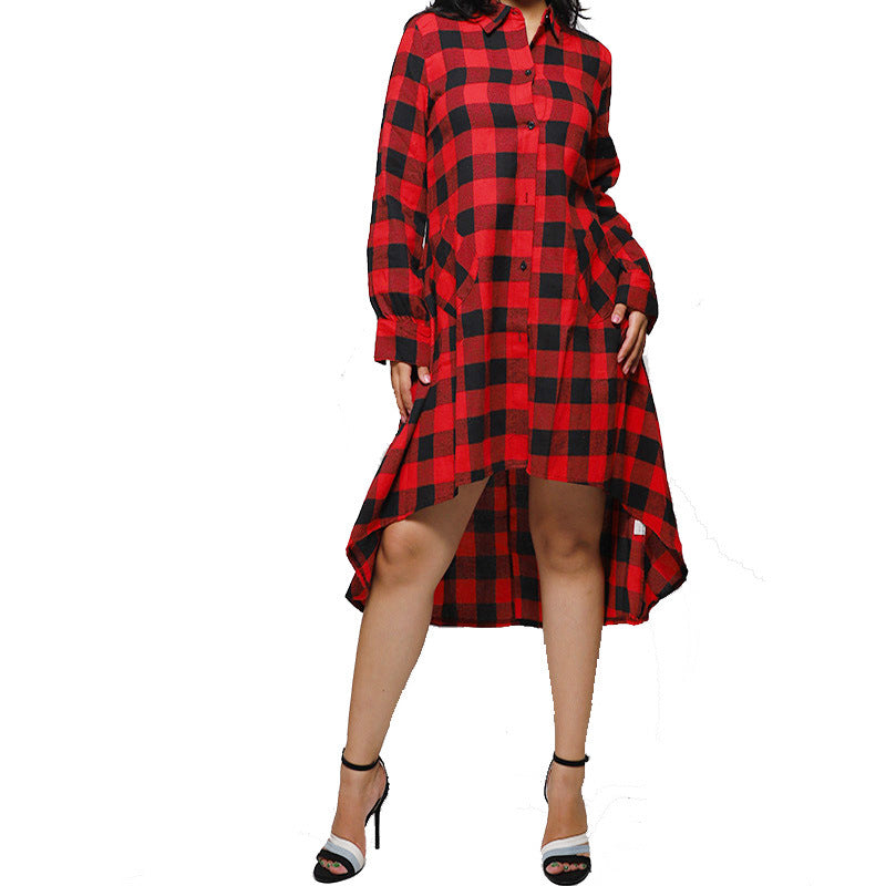 flowersverse Casual Pocket Long Midi Dress Sleeve Plaid Shirt Irregular Coat