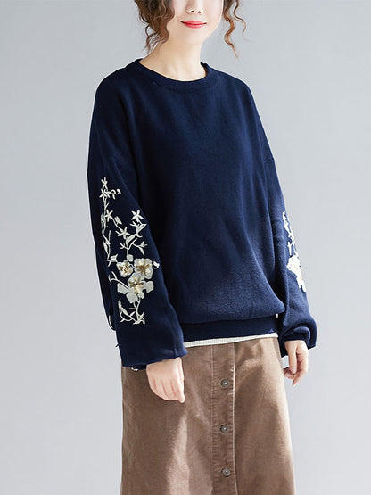 flowersverse Original Embroidere Round-Neck Knitting Sweater