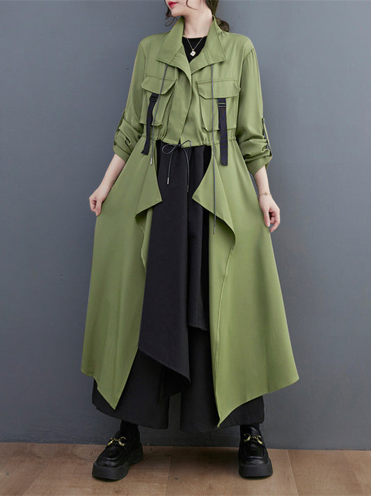 flowersverse Loose Long Sleeves Drawstring Split-Joint Lapel Trench Coats